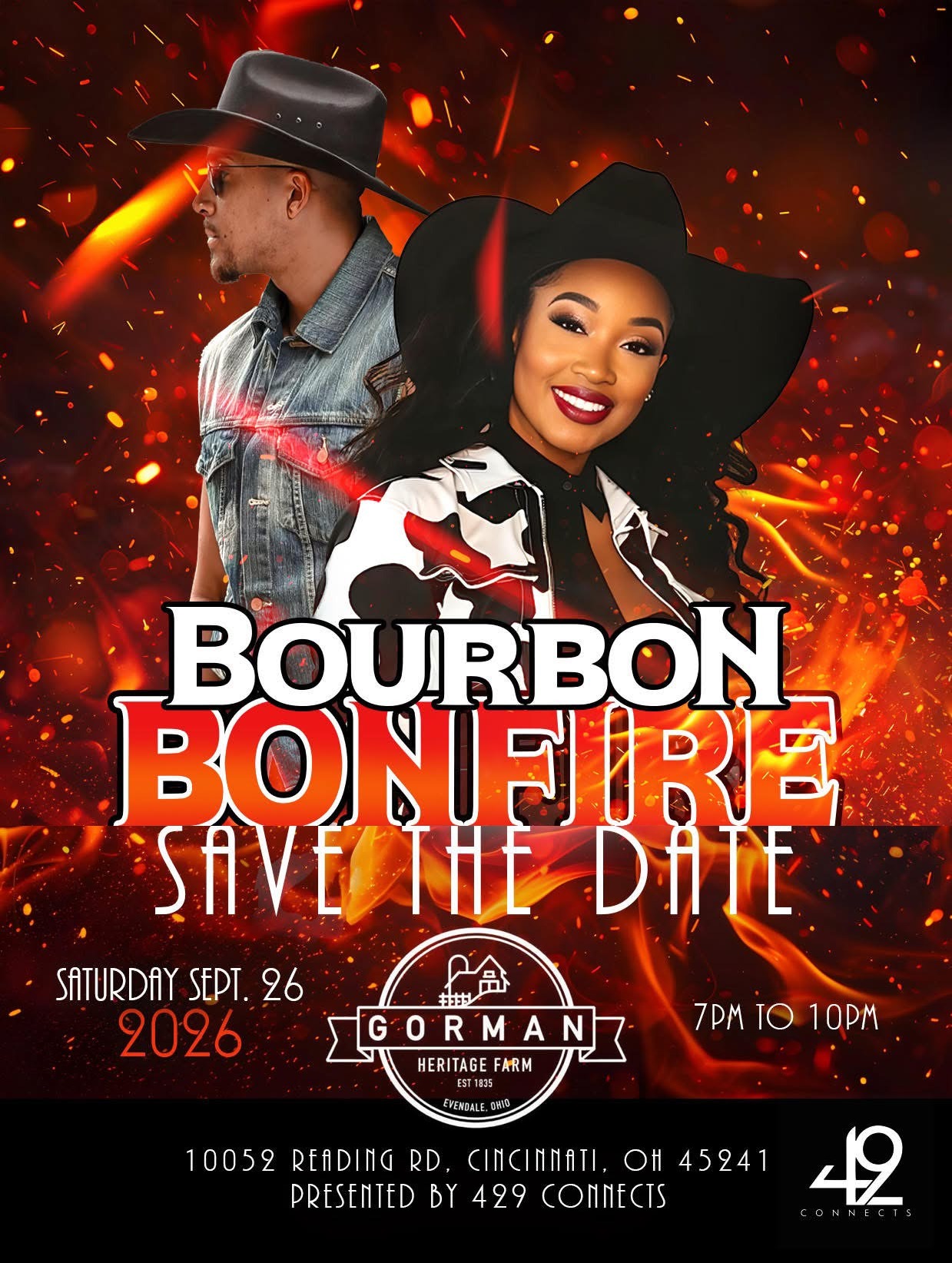 Bourbon, Bonfire and Boots save-the-date flyer: Saturday, September 26, 2026, 7 to 10 PM, Gorman Heritage Farm, presented by 429 Connects